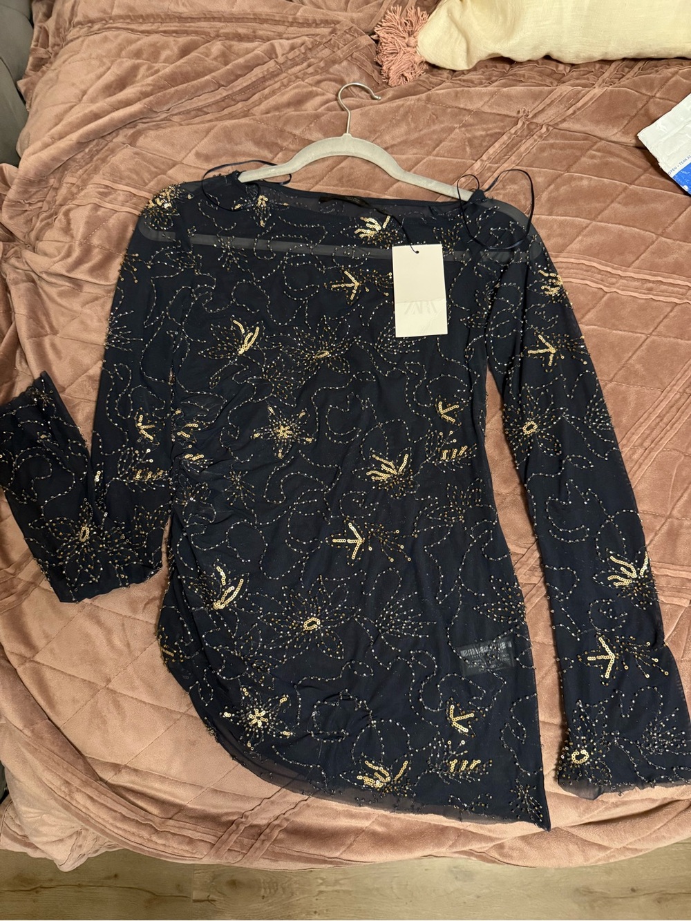 Zara Long Sleeve Sheer Top with Gold Beading